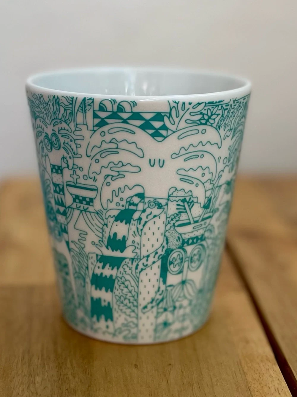 IKEA Ceramic Mug with Teal Tropical Line-Art